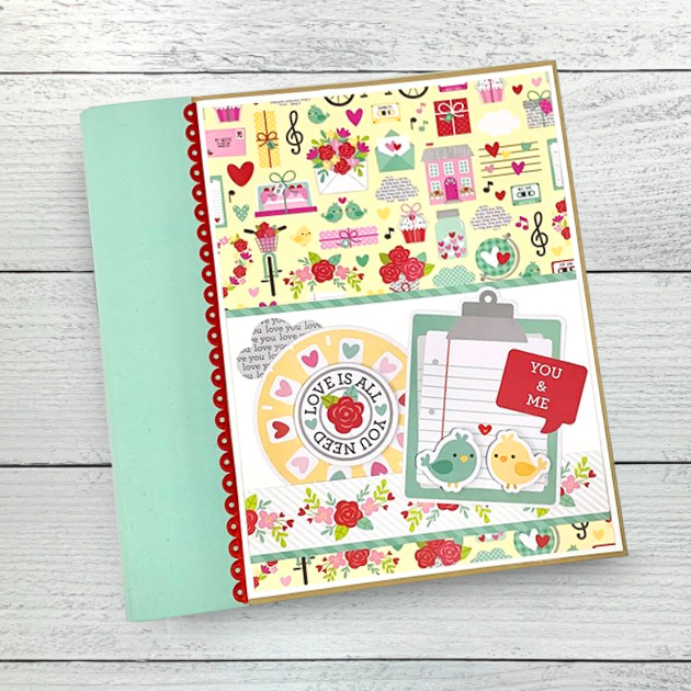 You & Me Love Notes Scrapbook Mini Album for Valentine's Day with hearts, flowers, birds, and gifts