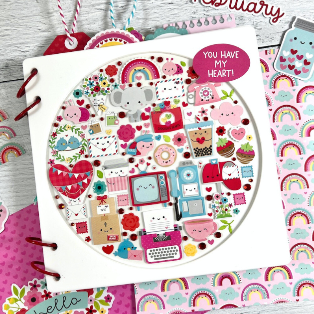 Valentine's Day Lots of Love acrylic scrapbook album with a circle window and lots of cute stickers