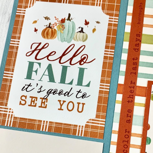 12x12 Fall Memories Scrapbook Page layout with pumpkins, leaves, a pretty plaid, and stripes