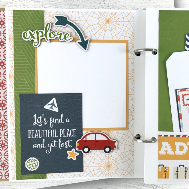 Enjoy The Journey Travel Scrapbook Mini Album with an arrow, a car, an airplane, and a star