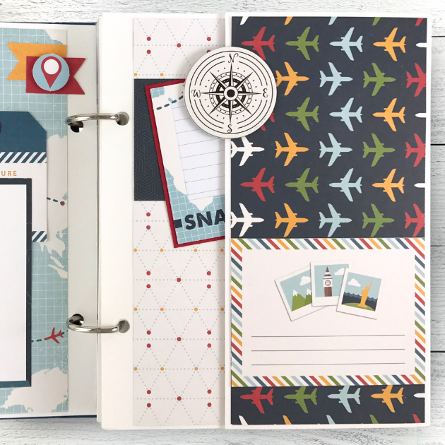 Enjoy The Journey Travel Scrapbook Mini Album with colorful airplanes, a rose compass, and a folding element