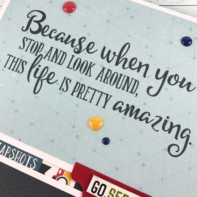 Enjoy The Journey Travel Scrapbook Mini Album page with a folding card, enamel dots, and a saying