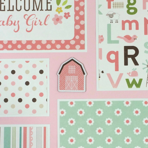 12x12 Sweet Baby Girl Scrapbook Page Layout with a cute pink barn, flowers, polka dots, letters, and little farm animals