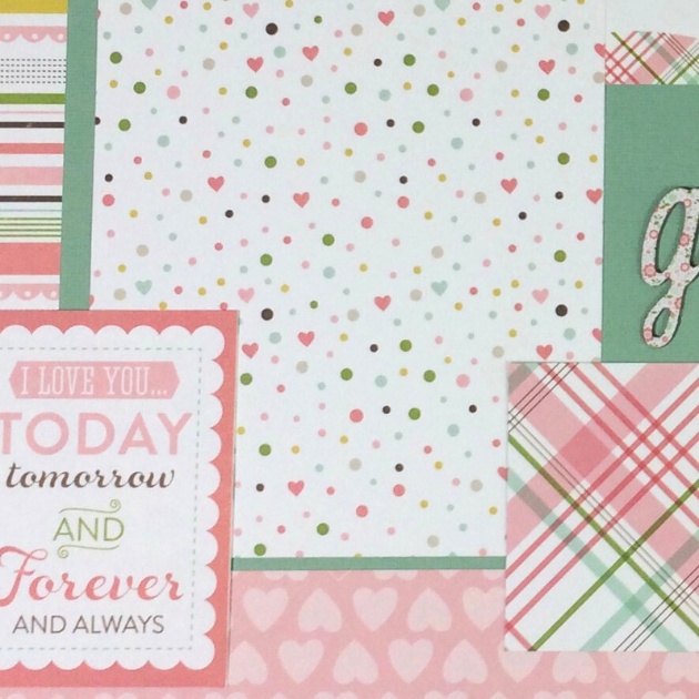 12x12 Sweet Baby Girl Scrapbook Page Layout with colorful hearts, stripes, polka dots, and a cute plaid paper