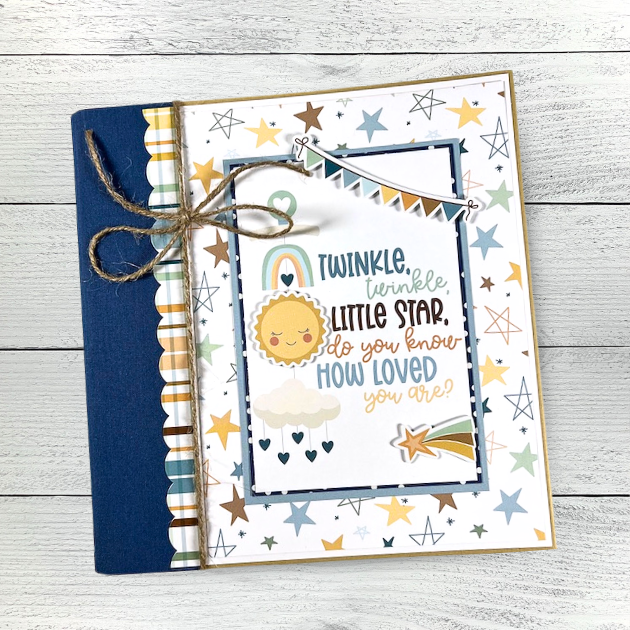 Twinkle Twinkle Baby BOY Scrapbook Album with stars, clouds, cute animals, and baby items