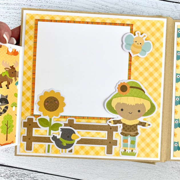 Happy Fall Y'all Scrapbook Album Page with a cute scarecrow, sunflower, bee, and a pretty yellow gingham print