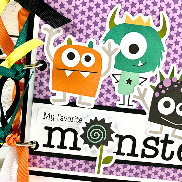 My Favorite Monsters Halloween Scrapbook Mini Album with stars, silly monsters, and colorful ribbons