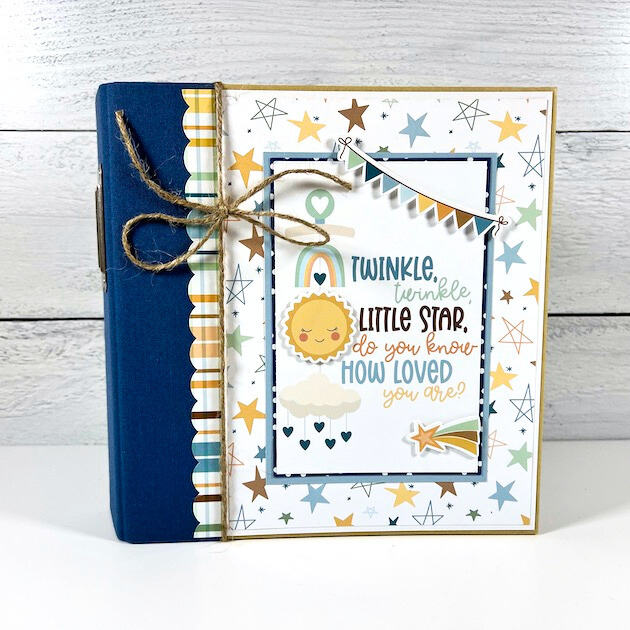 Twinkle Twinkle Baby BOY Scrapbook Album with stars, clouds, cute animals, and baby items