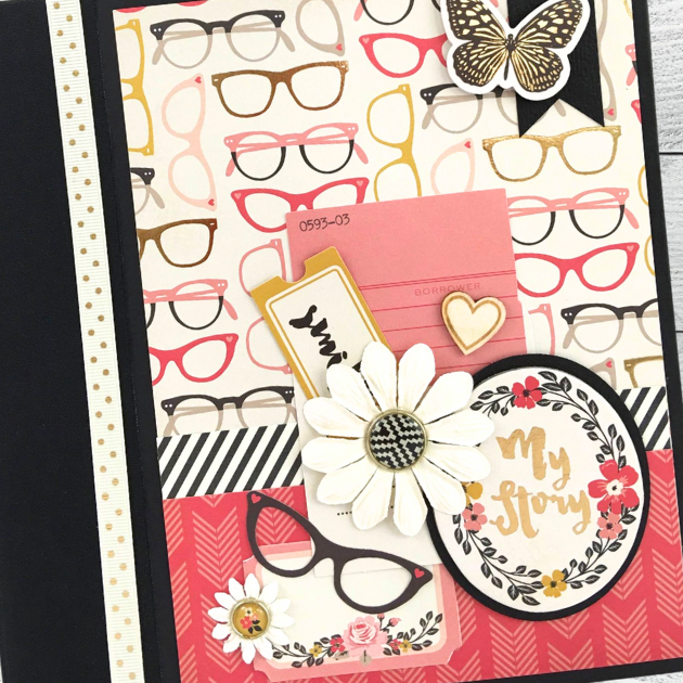 My Story Scrapbook Album with cute pink glasses, flowers, butterflies, and enamel brads