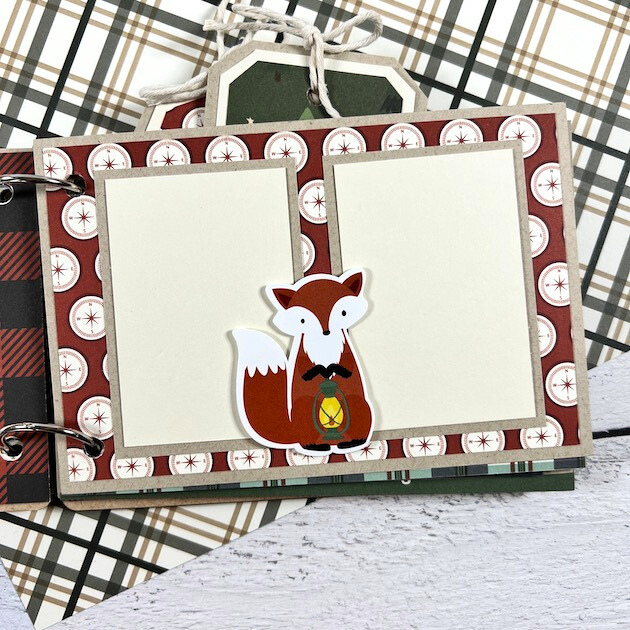 Adventure Awaits Scrapbook Album Page with a cute fox, a lantern, and compass