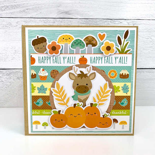 Happy Fall Y'all Scrapbook Mini Album with autumn leaves, pumpkins, acorns, mushrooms, and a super cute reindeer