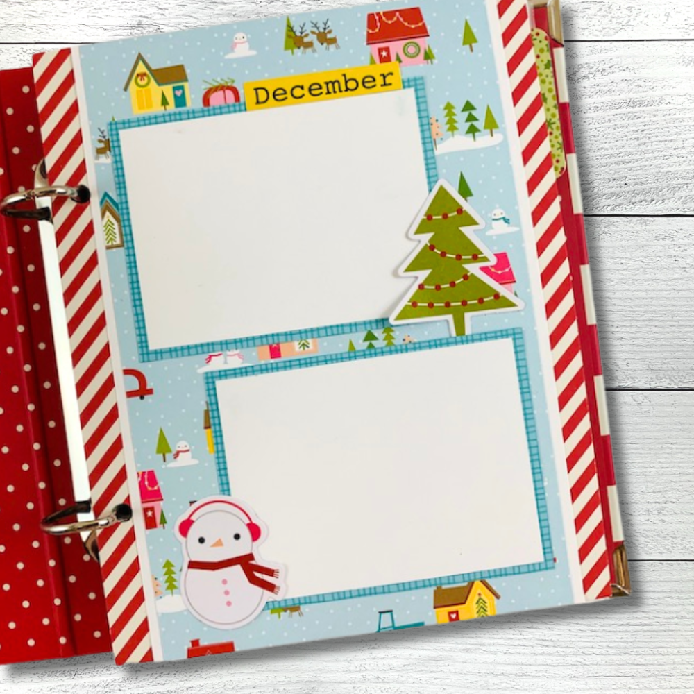 December Christmas Scrapbook Album page with snowman, trees, and neighborhood houses