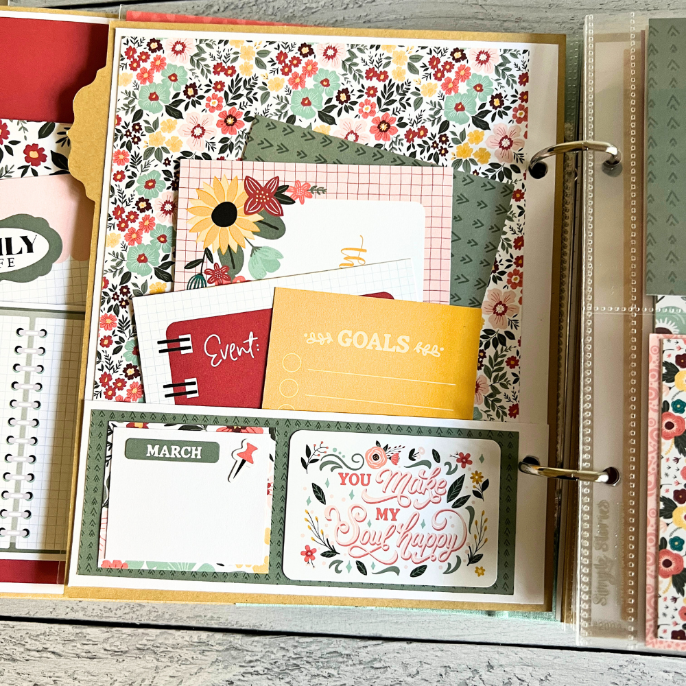 A Year in Review Scrapbook Album Page with flowers, a pocket, & journaling cards