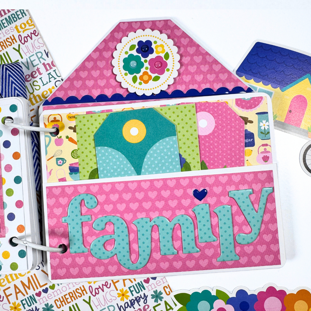 House Shaped Family Scrapbook Album Page with a pocket, journaling cards, tags, and hearts