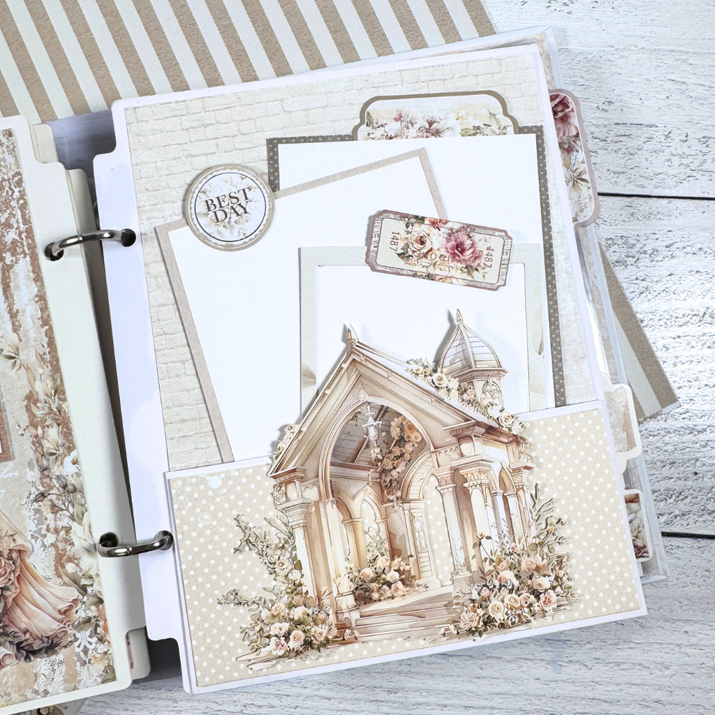 Wedding Scrapbook Album Page with a pocket, flowers, and an alter