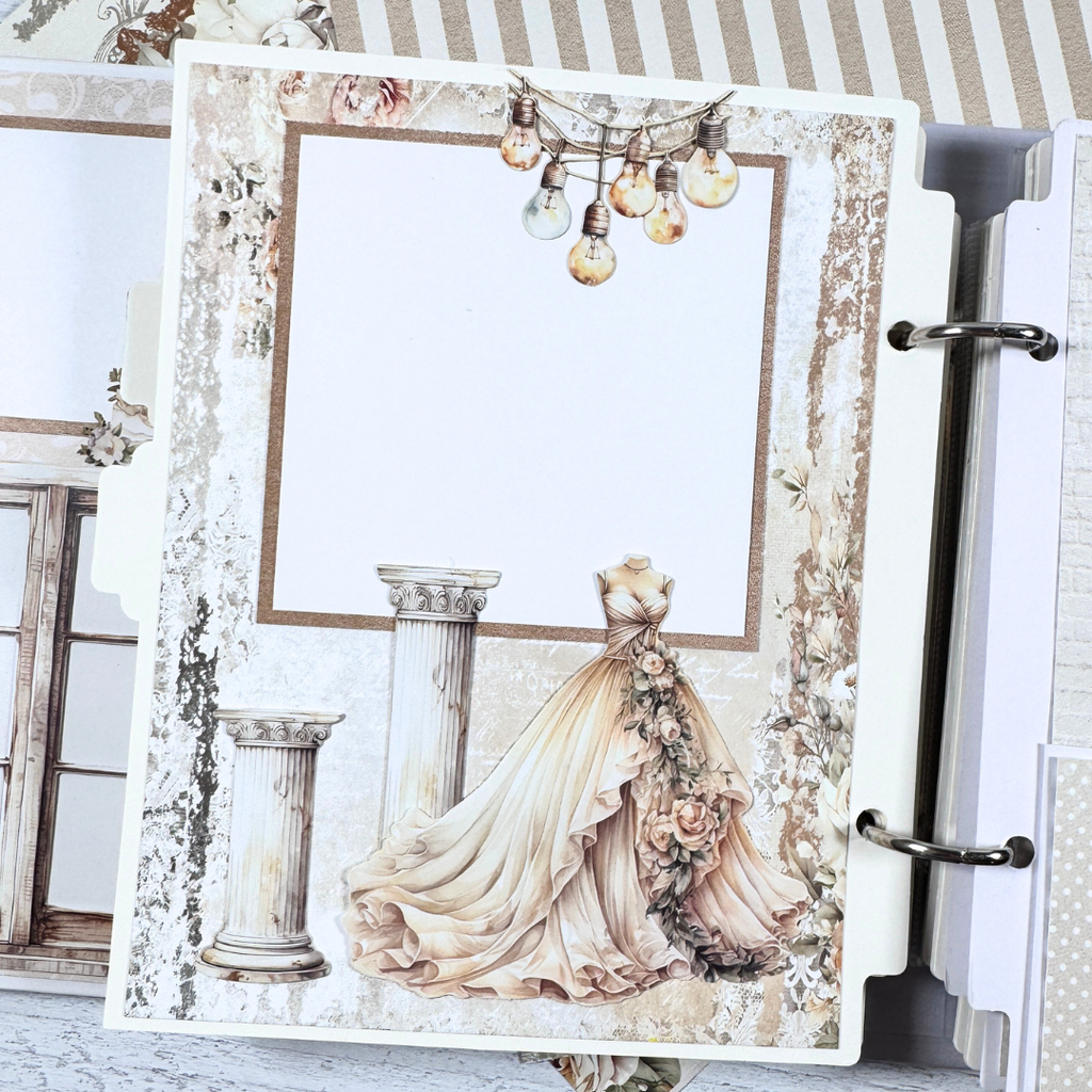 Wedding Scrapbook Album Page with flowers, a wedding dress, and a chandelier
