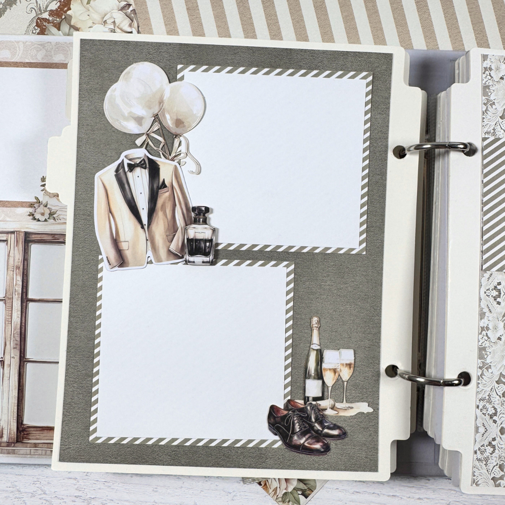 Wedding Scrapbook Album Page with balloons, a tuxedo, champagne glasses, and shoes