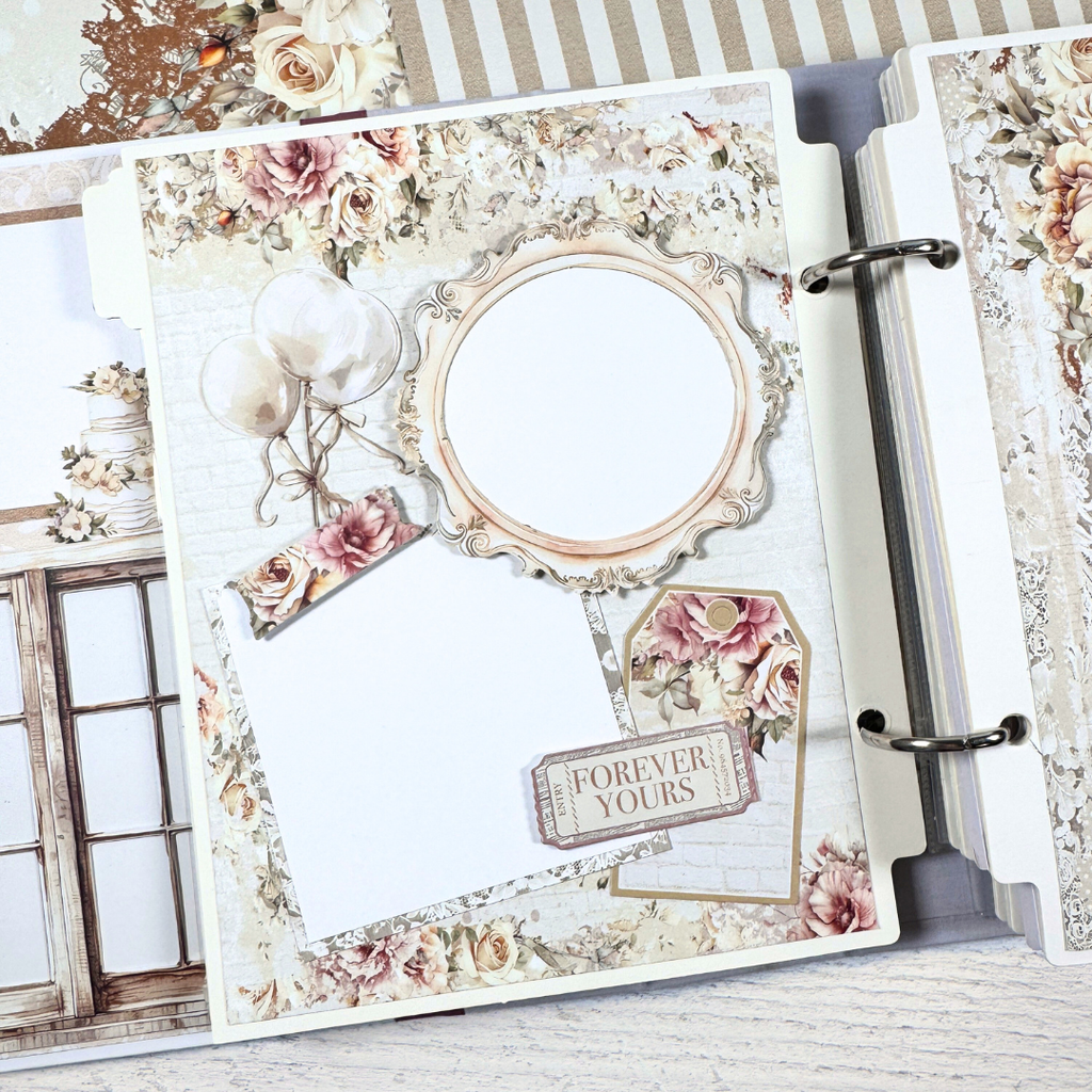 Wedding Scrapbook Album Page with flowers, balloons, and an ornate round frame