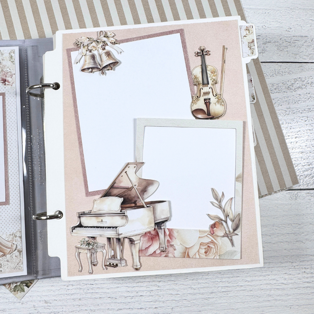 Wedding Scrapbook Album Page with a piano, flowers, a violin, and wedding bells
