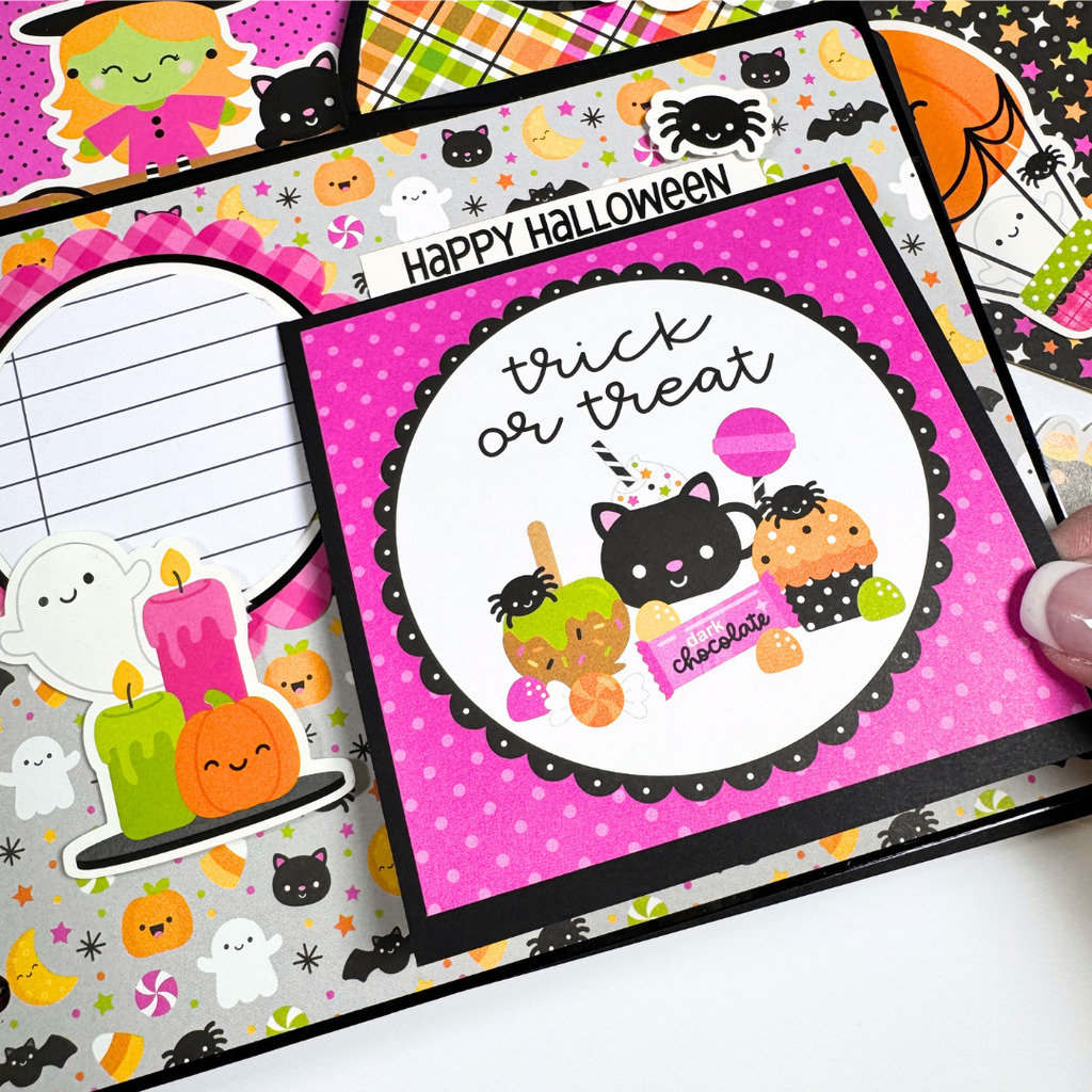 Halloween House Shaped Scrapbook Album Page with a folding card, candy, pumpkins, ghosts, melting candles, a black cat, and a scalloped journaling card