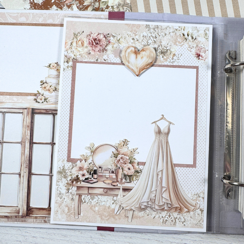 Wedding Scrapbook Album Page with a heart, a wedding dress, flowers, a vanity, and make-up