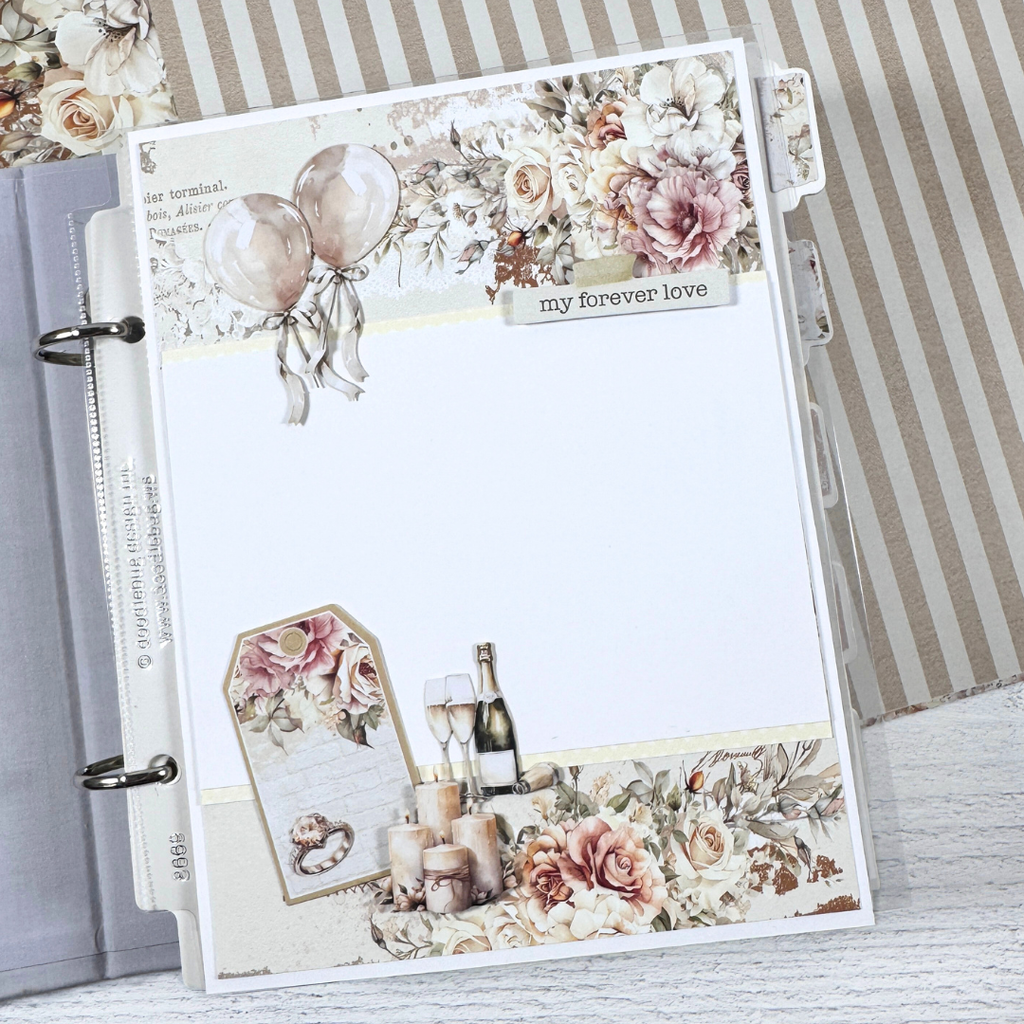 Wedding Scrapbook Album Page with flowers, balloons, champagne glasses, rings, and candles
