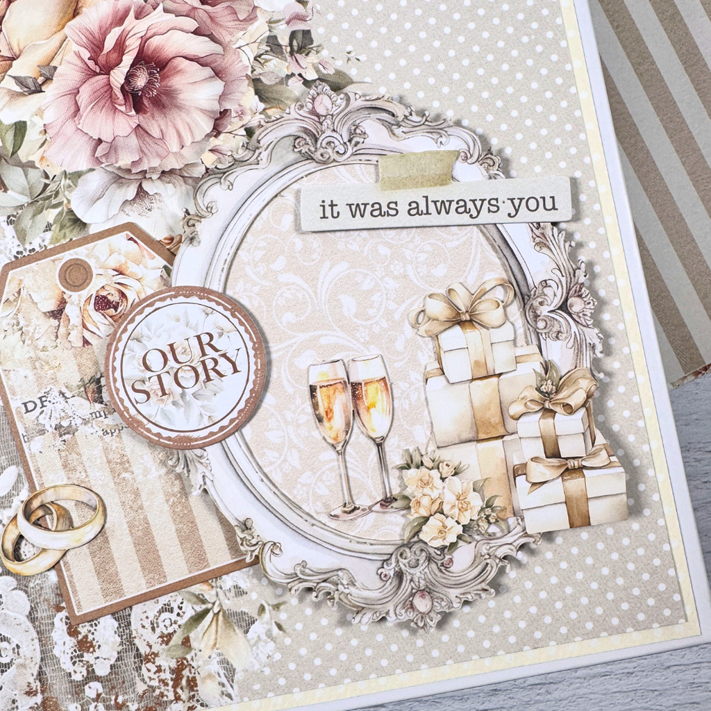 Wedding Scrapbook Mini Album with flowers, champagne glasses, gifts, and gold rings