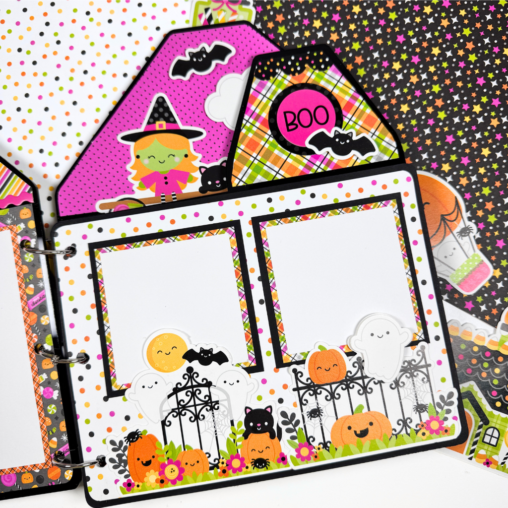 Halloween House Shaped Scrapbook Album Page with pumpkins, ghosts, flowers, a black cat, and polka dots