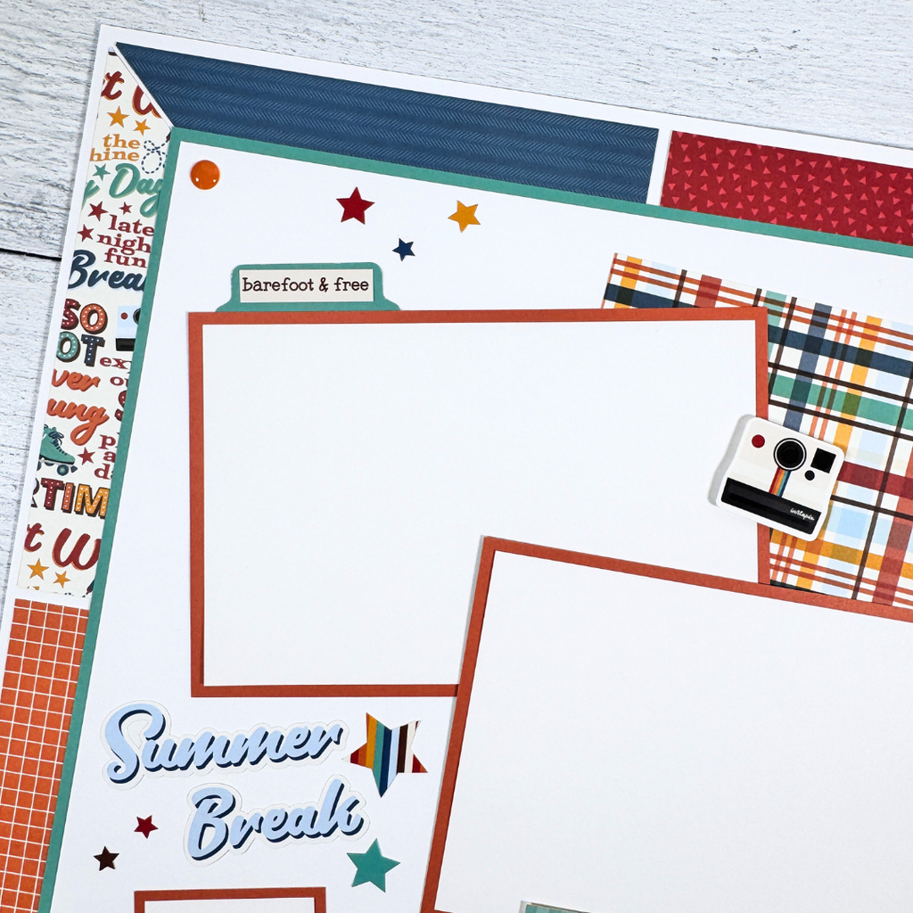12x12 Summer Break Page Layouts with a Polaroid camera, roller skates, stars, and enamel dots