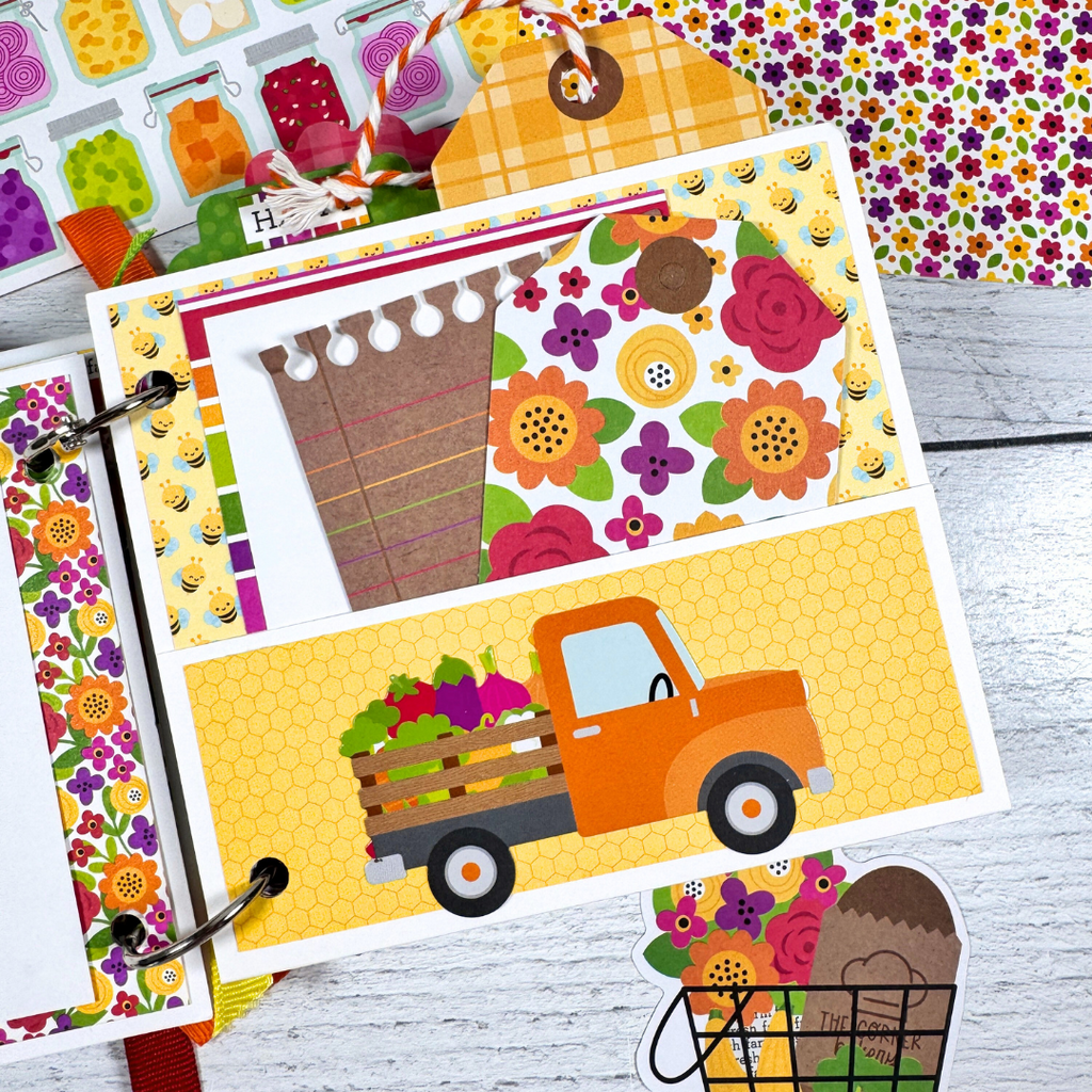 Our Family Memories Fall Scrapbook Album Page with bees, a pickup truck, a pocket, and fabulous journaling cards