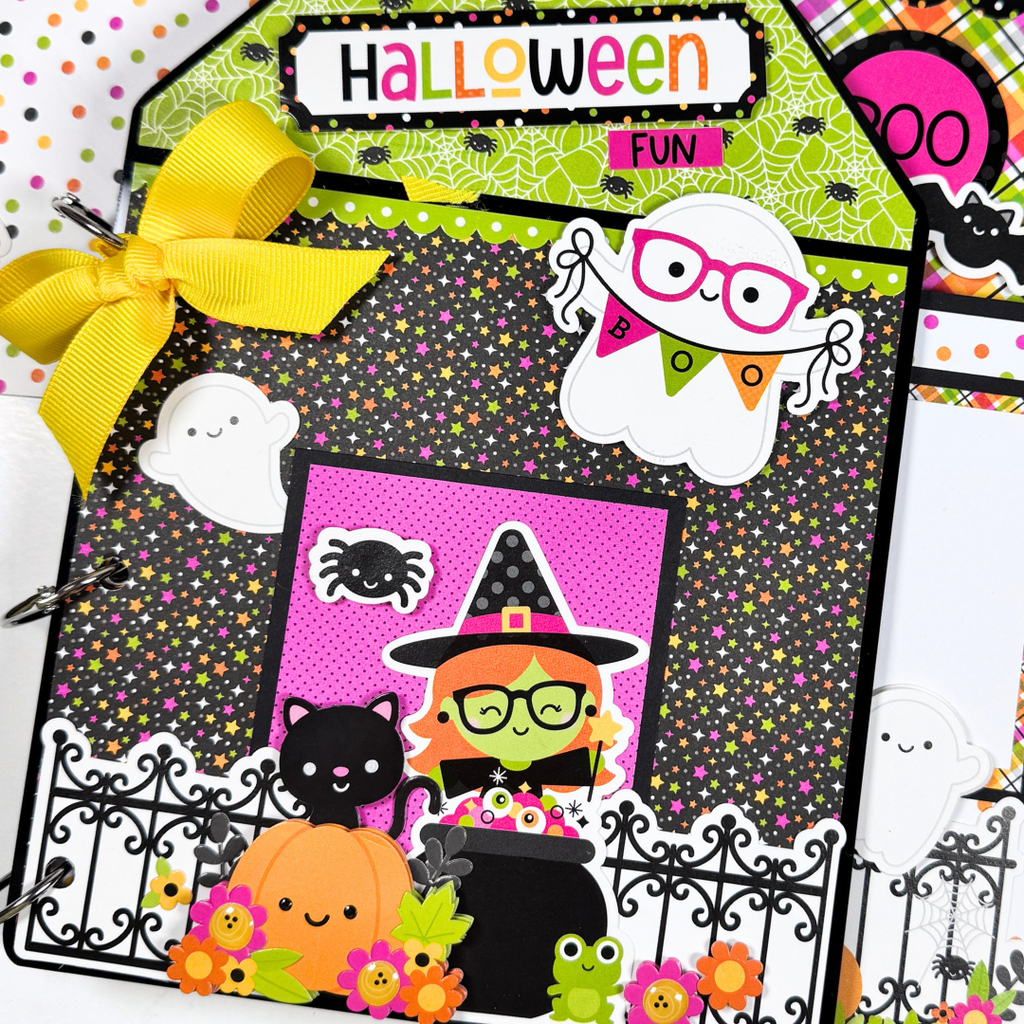 Halloween Fun House Shaped Scrapbook Album with a cute witch, pumpkins, ghosts, flowers, a black cat, stars, and polka dots