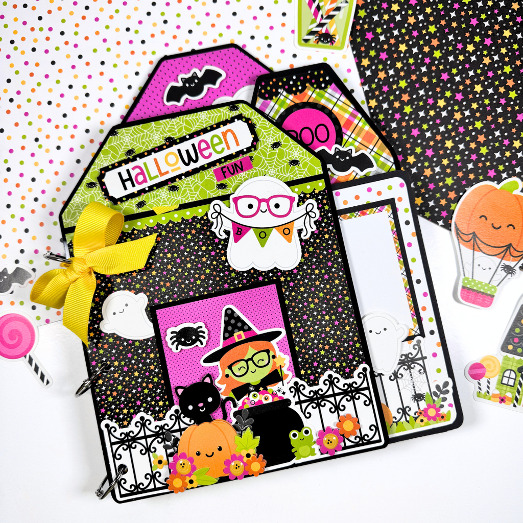 Halloween Fun House Shaped Scrapbook Album with a cute witch, pumpkins, ghosts, flowers, a black cat, stars, and polka dots