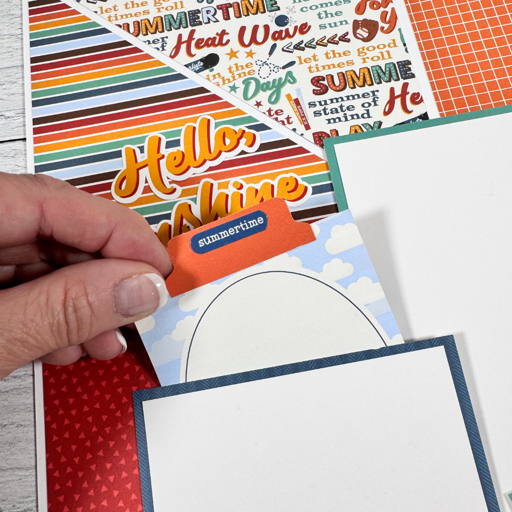 12x12 Summer Break Page Layouts with a pocket, journaling card, colorful stripes, clouds, a baseball mitt, and jumprope