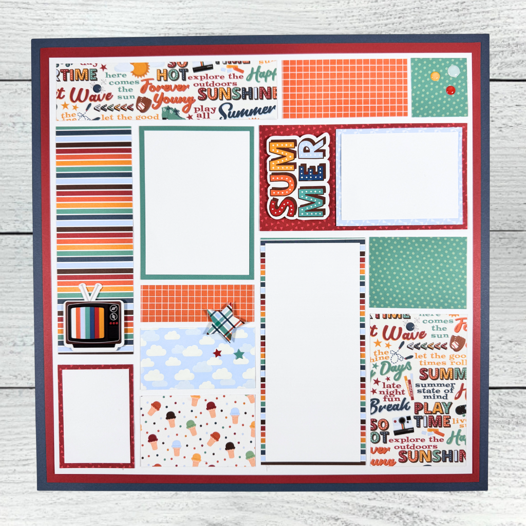 12x12 Summer Break Page Layout with colorful stripes, a TV, roller skates, sun, clouds, and ice cream cones
