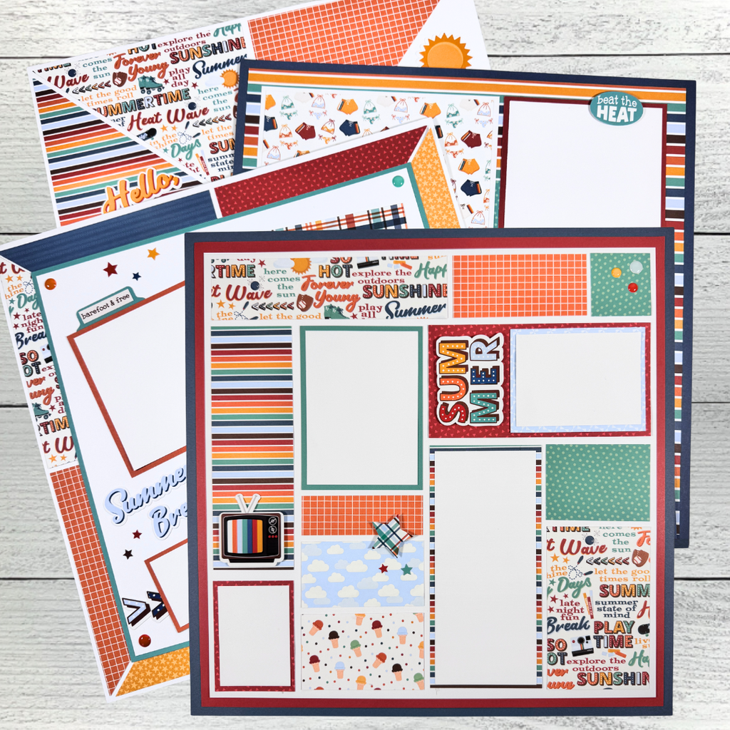 12x12 Summer Break Page Layouts with roller skates, radios, ice cream cones, and stars