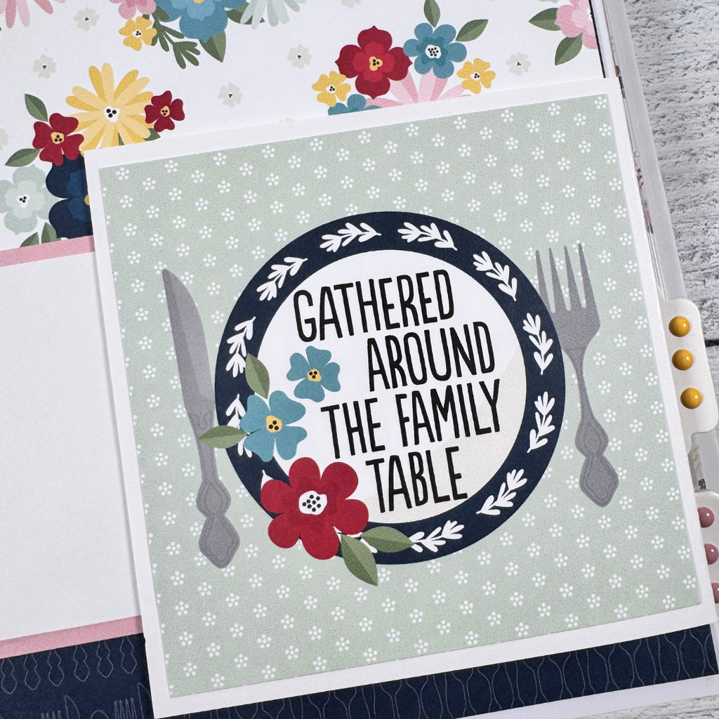 Recipe Scrapbook Album Page with flowers, a place setting, a fold-out card, and enamel dots