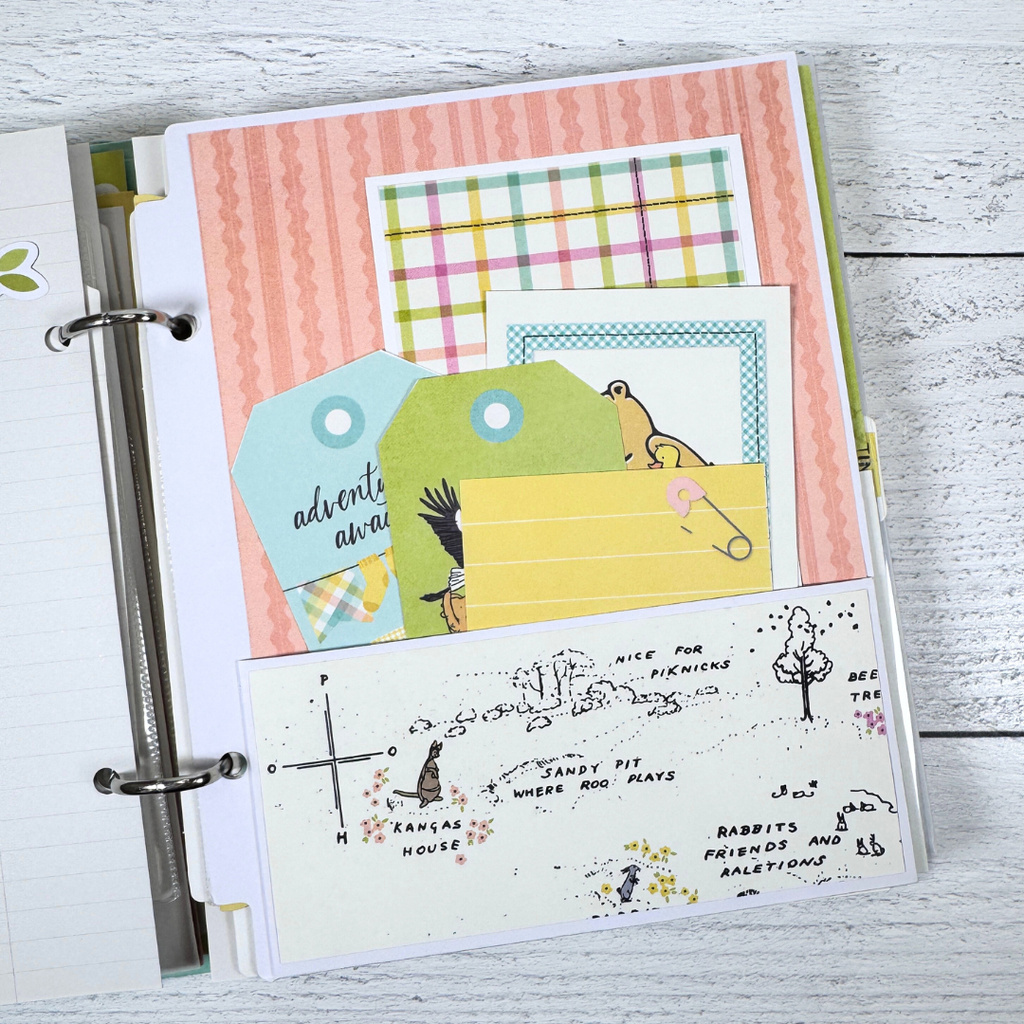 Winnie the Pooh Baby Scrapbook Album Page with a pocket and cute journaling cards