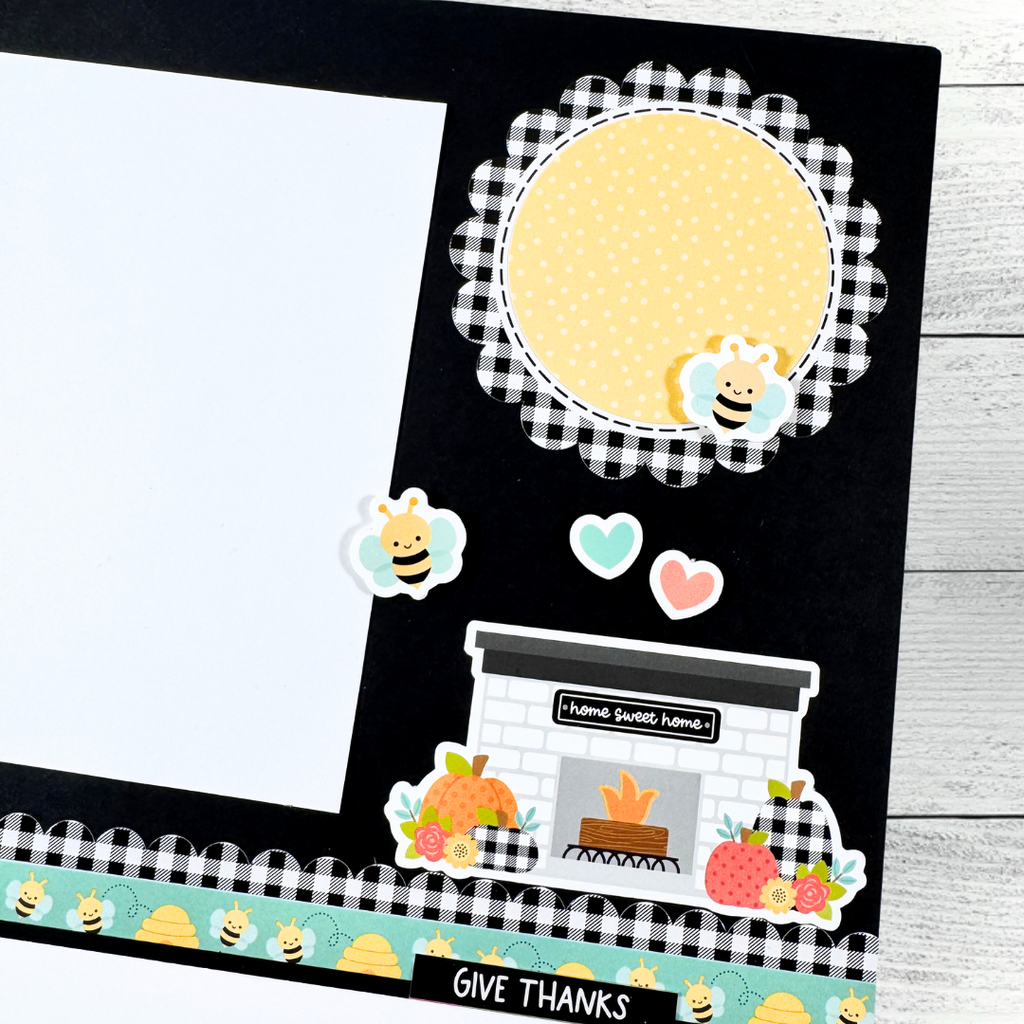12x12 Family Traditions Fall Scrapbook Layout with bees, pumpkins, a fireplace, and a scalloped circle