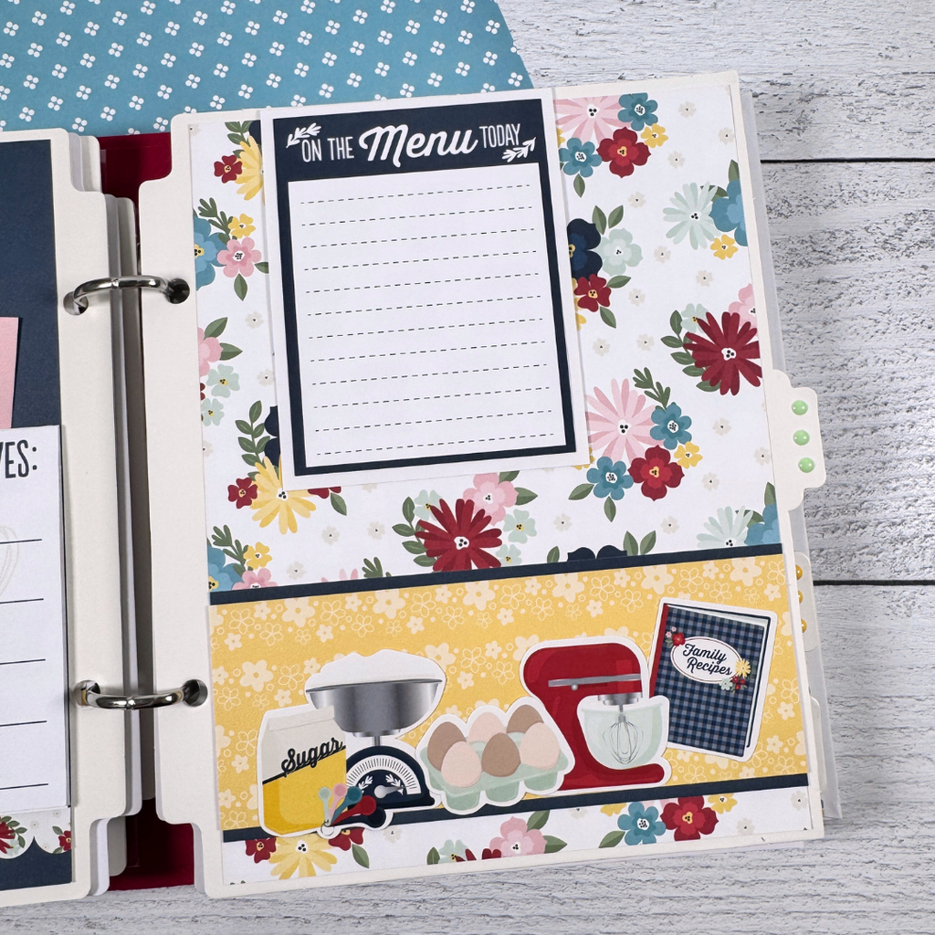Recipe Scrapbook Album Page with a  journaling card, flowers, a mixer, sugar, eggs, and other kitchen items