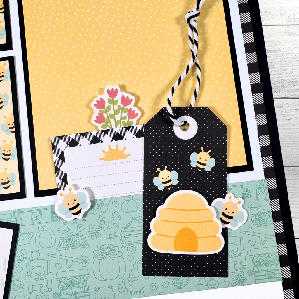 12x12 Family Traditions Fall Scrapbook Layout with bees, a beehive, a tag, and twine