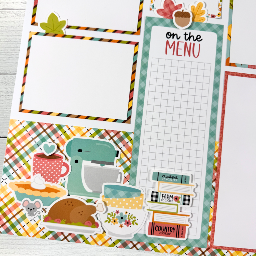 12x12 Family Traditions Fall Scrapbook Layout with a pumpkin pie, turkey, baking supplies, leaves, and autumn colors