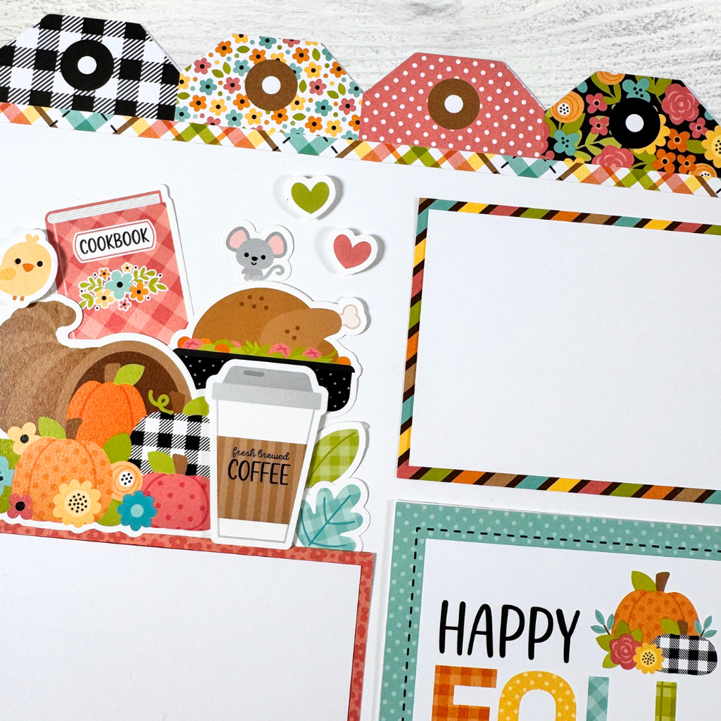 12x12 Family Traditions Fall Scrapbook Layout with pumpkins, flowers, a turkey, and a cornucopia