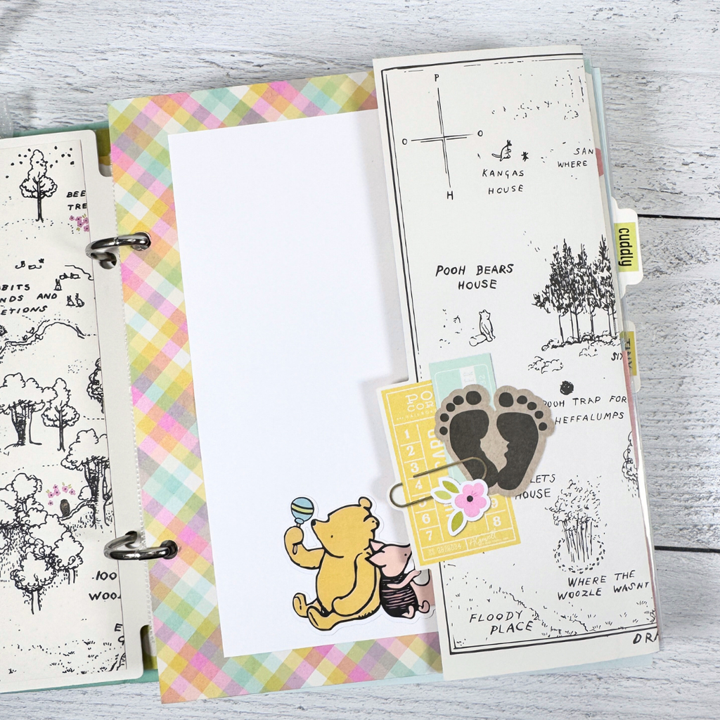 Winnie the Pooh Baby Scrapbook Album Page with a tiny footprints, Piglet, a map of the 100 acre wood, and a folding element