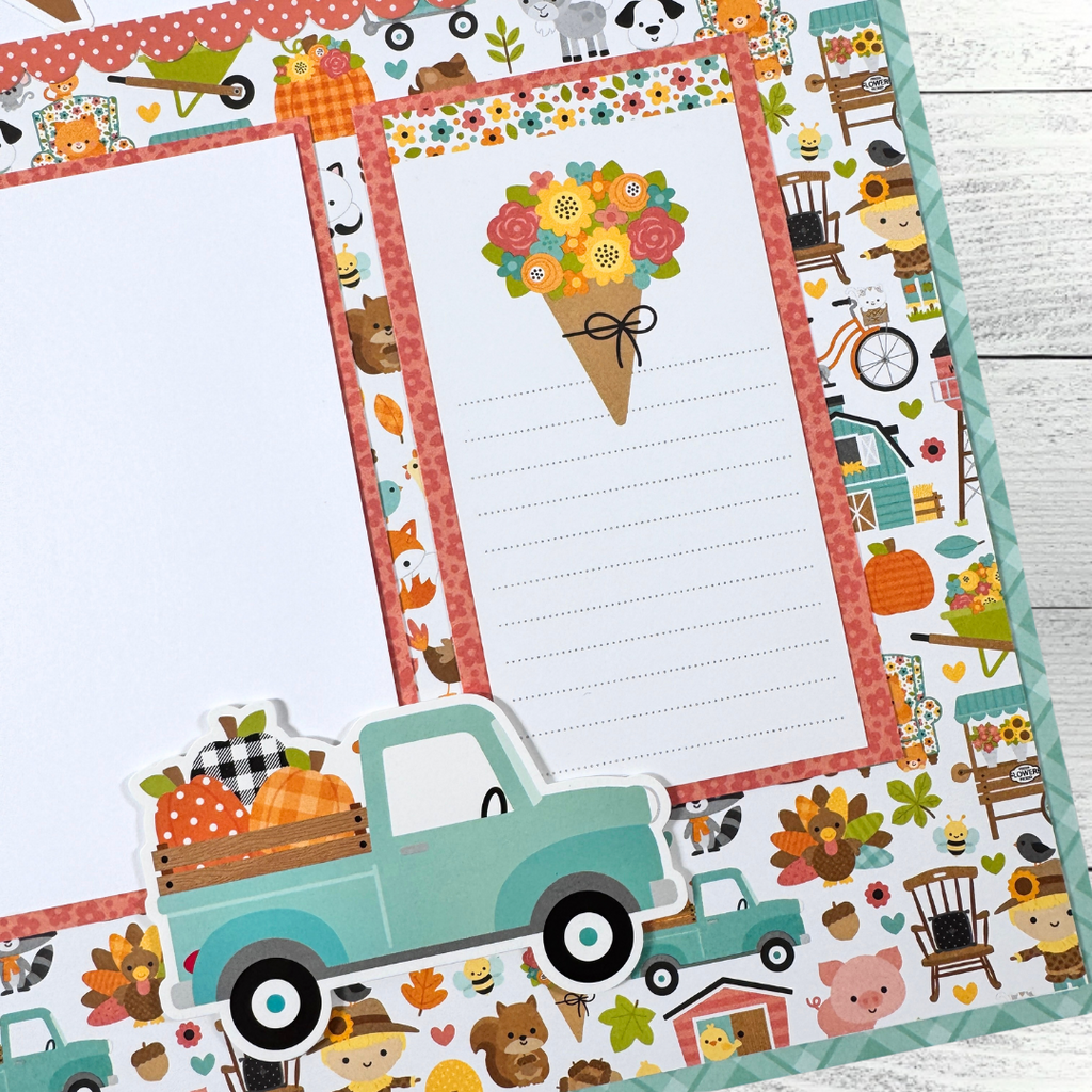 12x12 Family Traditions Fall Scrapbook Layout with a pickup truck, pumpkins, a journaling card, and lots of autumn images