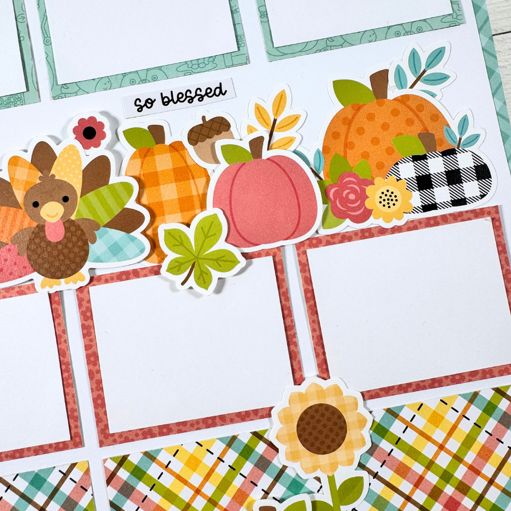 12x12 Family Traditions Fall Scrapbook Layout with pumpkins, a turkey, flowers, leaves, and autumn colors