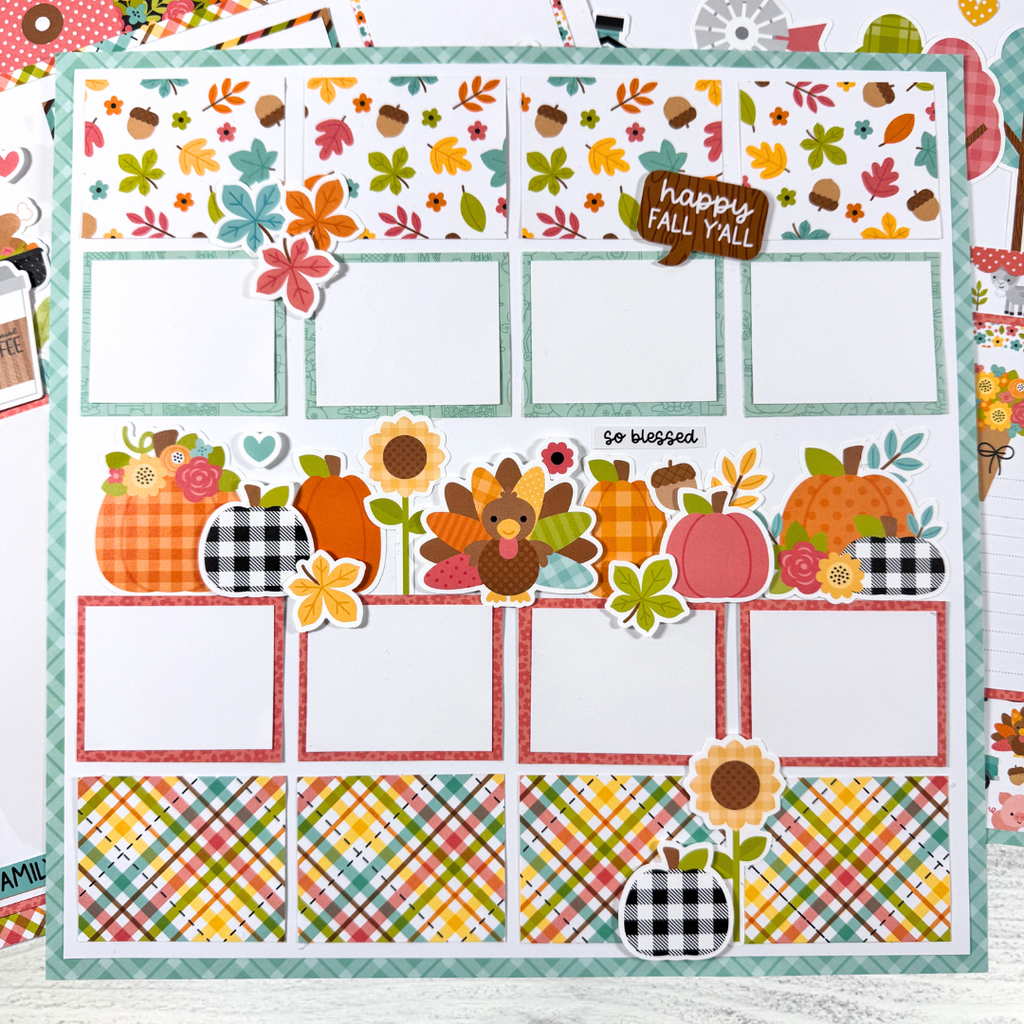 12x12 Family Traditions Fall Scrapbook Layouts with pumpkins, flowers, leaves, a turkey, and autumn colors