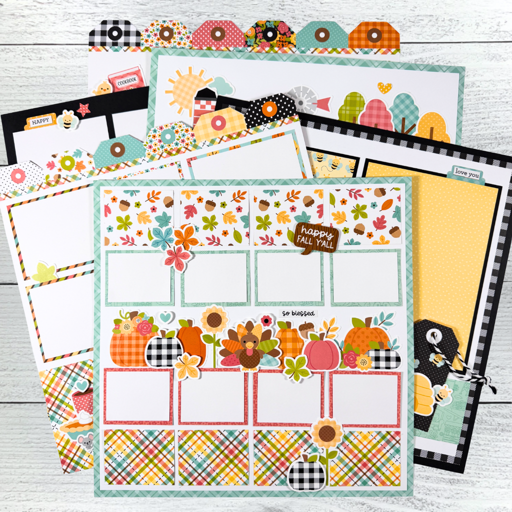 12x12 Family Traditions Fall Scrapbook Layouts with pumpkins, flowers, leaves, a turkey, bees, and autumn colors