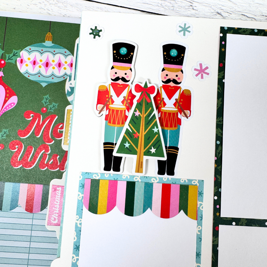 Christmas 25 Scrapbook Mini Album Page with soldiers / nutcrackers, a Christmas tree, and snowflakes