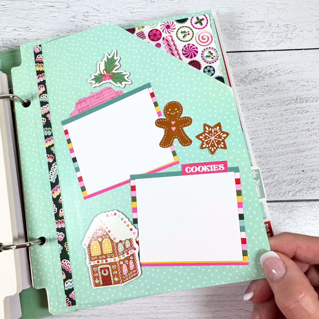 Christmas 25 Scrapbook Mini Album Page with a gingerbread house, a gingerbread man, and colorful candies
