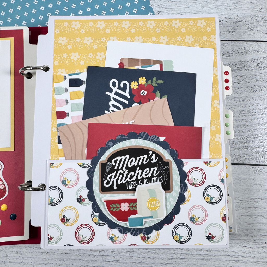 Recipe Scrapbook Album Page with a pocket, journaling cards, dishes, flowers, and other kitchen items